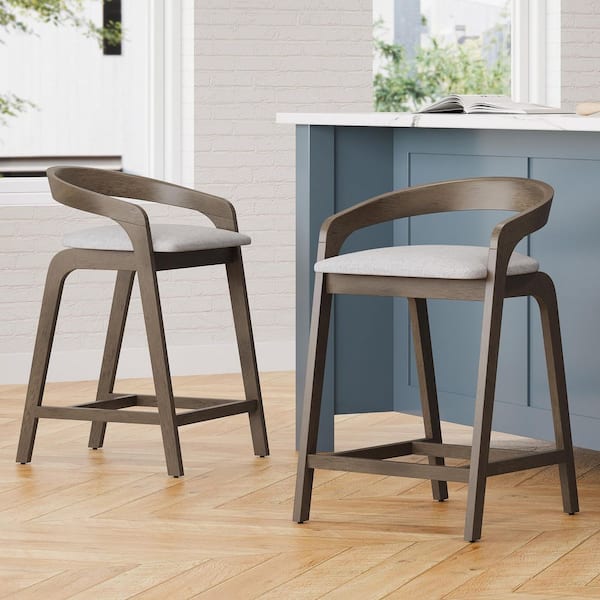 25.25 in. H Gray Modern Rubber Wood Counter Bar Stools with Beige Fabric Seat Set of 2