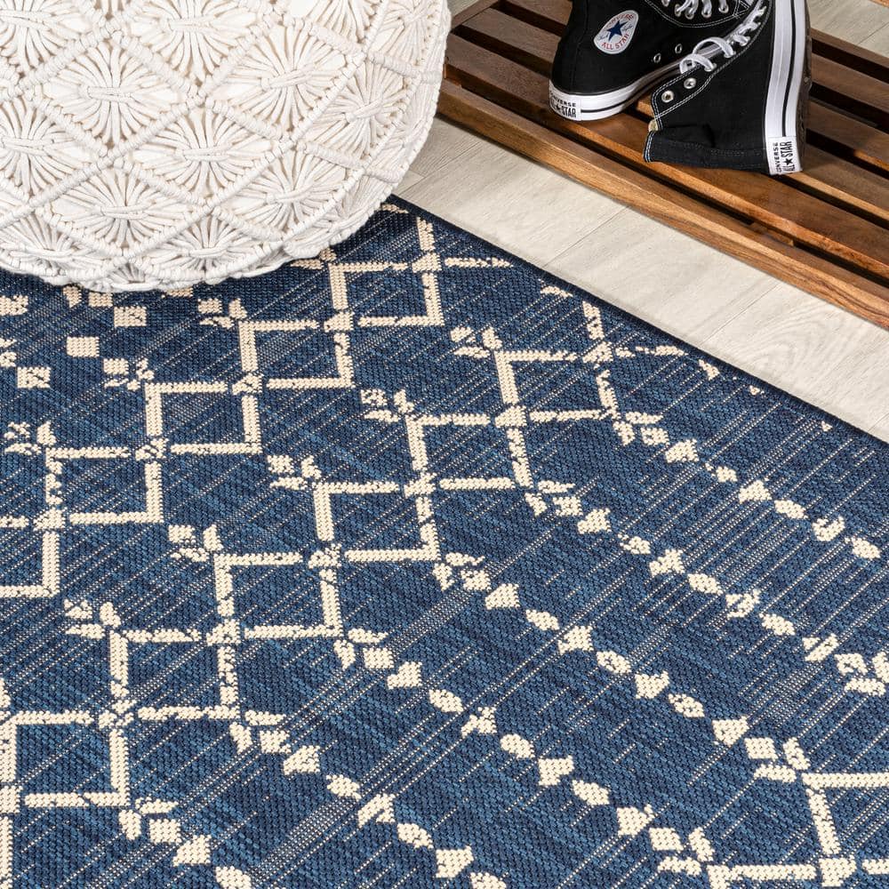 Boho-Chic Moroccan Tribal Navy/Beige Synthetic Area Rug