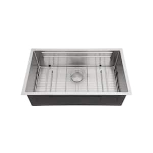 33 in. Undermount Single Bowl 16-Gauge Brushed Nickel Stainless Steel Kitchen Sink with Strainer Basket and Bottom Girds