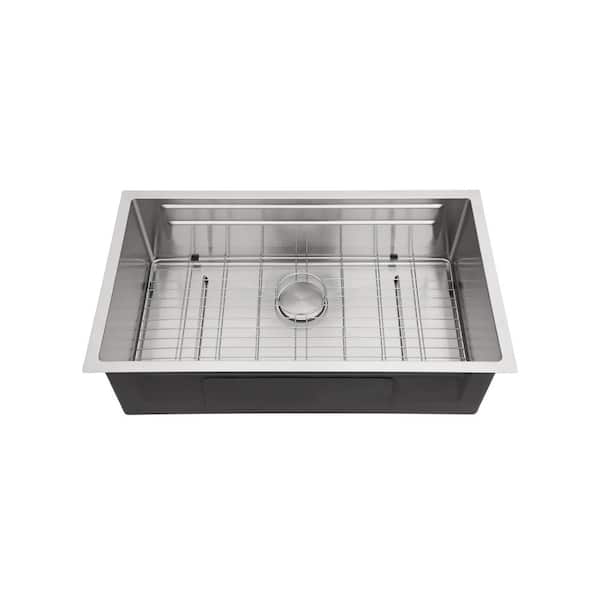 33 in. Undermount Single Bowl 16-Gauge Brushed Nickel Stainless Steel Kitchen Sink with Strainer Basket and Bottom Girds