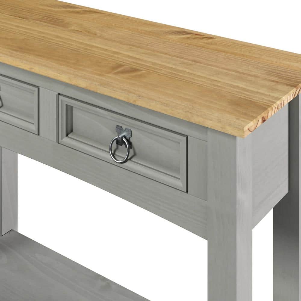 Gray and Antique Brown Solid Pine Console Table with Storage