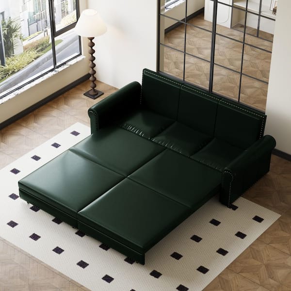 93.7 in. Green Faux Leather King Size Pull Out Sofa Bed with Nailhead Trim and Rolled Arm