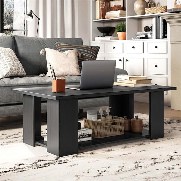 Costway 41 in. Black Rectangle Wood Top Coffee Table 2-Tier Modern