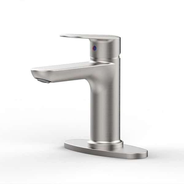 Single Handle Single Hole Bathroom Faucet with 4 in. Deck Plate, 1.2 GPM and Water-Saving Aerator in Brushed Nickel