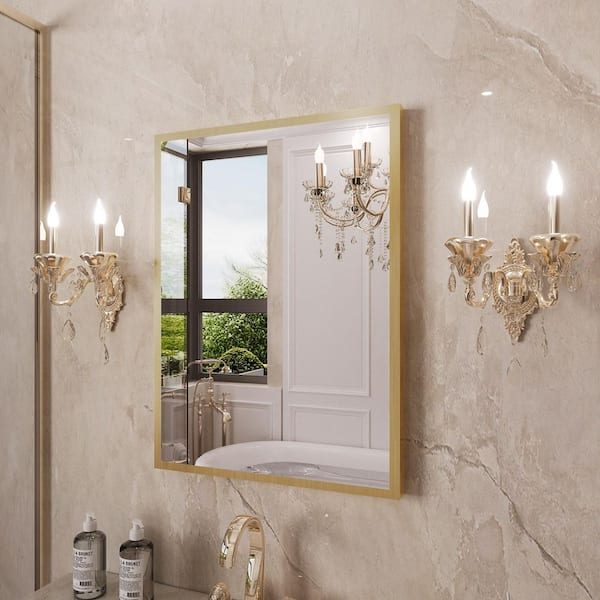 24 in. W x 32 in. H Rectangle Aluminum Framed Wall Bathroom Vanity Mirror in Brushed Gold