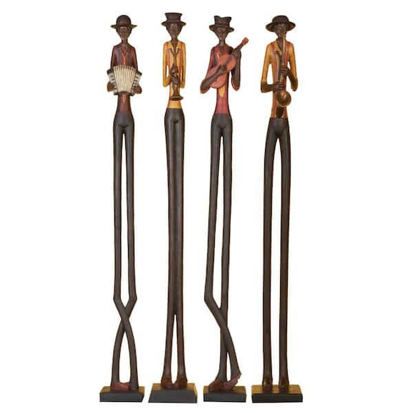 Brown Polystone Tall Long Legged Jazz Band Musician Sculpture with Black Base Stand (Set of 4)