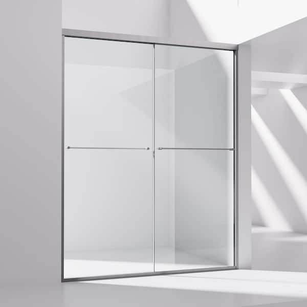 56 in.-60 in. W x 76 in. H Double Sliding Semi-Frameless Shower Door in Brushed Nickel with 5/16 in. (8 mm) Clear Glass