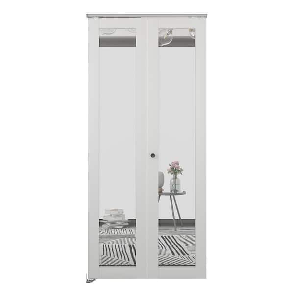 36 in. x 80 in. Mirrored Glass Solid Core White Composite Bi-fold Door with Hardware Kit and Door Handle