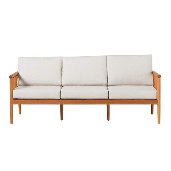 Welwick Designs Natural Eucalyptus Wood Modern Outdoor Spindle Couch with Light Pewter Cushions