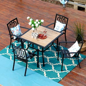 Black 5-Piece Metal Outdoor Patio Dining Set with Wood-Look Square Table and Fashion Stackable Chairs