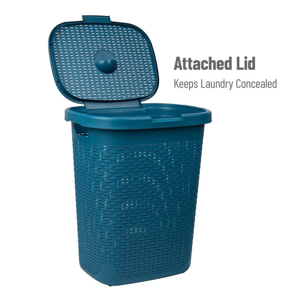 Blue Wicker Design Plastic Upright Hamper with Lid