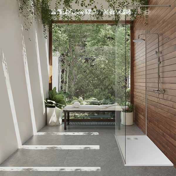 60 in. L x 32 in. W x 1.125 in. H Alcove Solid Composite Stone Shower Pan Base with L/R Drain in White Sand