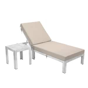Chelsea Modern Weathered Grey Aluminum Outdoor Patio Chaise Lounge Chair with Side Table and Beige Cushions