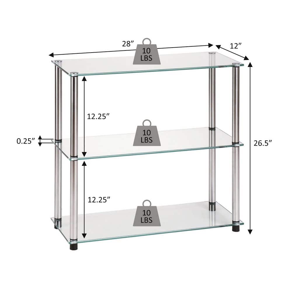 Black Glass 3-Shelf Bookcase with Stainless Steel Legs