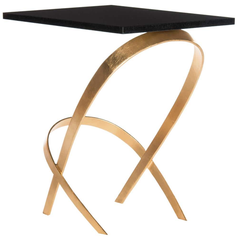 Transitional Black & Gold Leaf Glass Top Rectangular Side Table