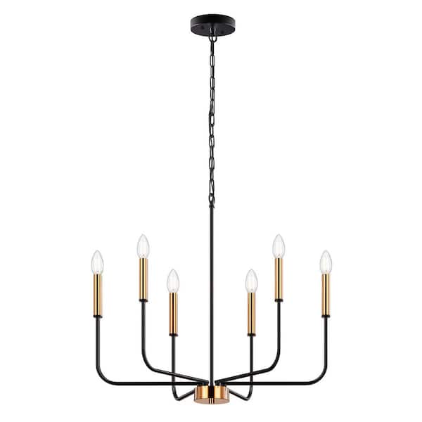 6-Light Modern Black and Gold Branch Chandelier Adjustable E12 Base Hanging Light Fixture for Dining Room