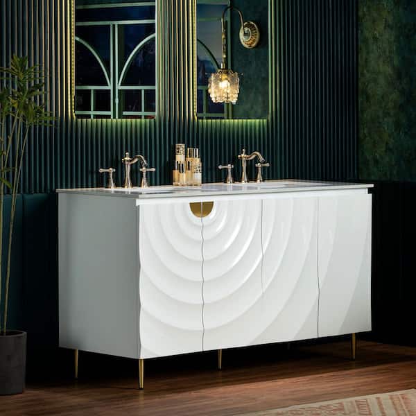 59.88 in. W x 22 in. D Double Sink Freestanding Bath Vanity in White with White Engineered stone Vanity Top