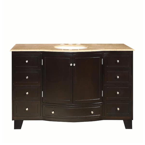 Silkroad Exclusive 55 in. W x 22 in. D Vanity in Dark Espresso with Stone Vanity Top in Travertine with White Basin