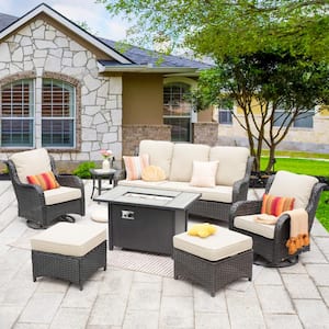 Amber 7-Piece Wicker Patio Rectangular Fire Pit Sets and Swivel Rocking Chairs with Beige Cushion