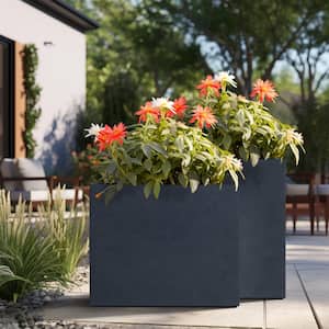 Modern 16in., 24in. High Large Tall Elongated Square Granite Gray Outdoor Cement Planter Plant Pots Set of 2