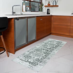 Himalayas Green Creme 2 ft. 2 in. x 6 ft. Machine Washable Modern Floral Abstract Polyester Non-Slip Backing Area Rug