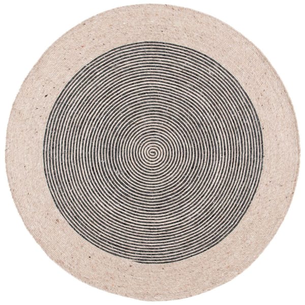 Braided Beige/Black 10 ft. x 10 ft. Striped Round Area Rug