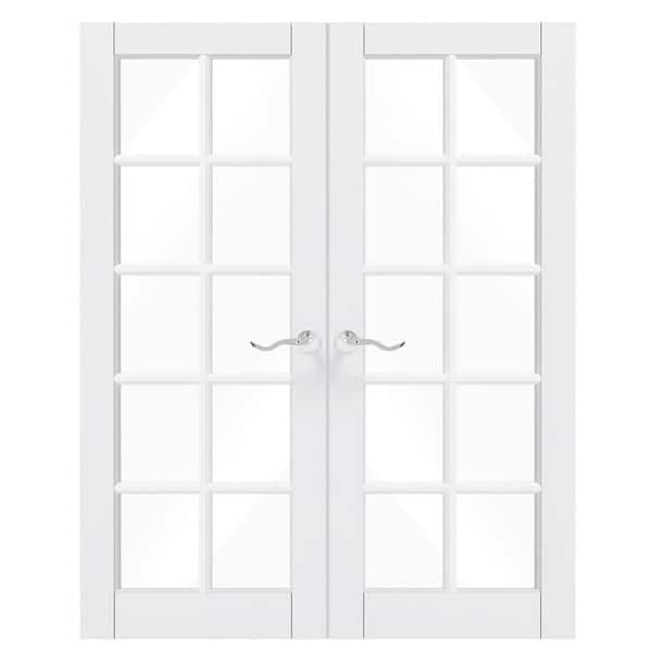 TENONER 64 in. x 80 in. Composite, MDF, 10-Lite, Clear Glass, Primed, White Interior Door Slab with Silver Curved Doorknob
