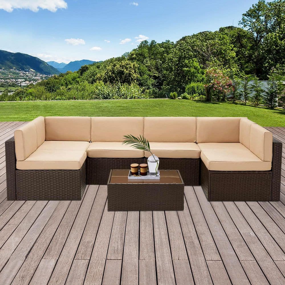 7-Piece Brown Wicker Outdoor Sofa Sectional Set Patio Seating Sets with Kha