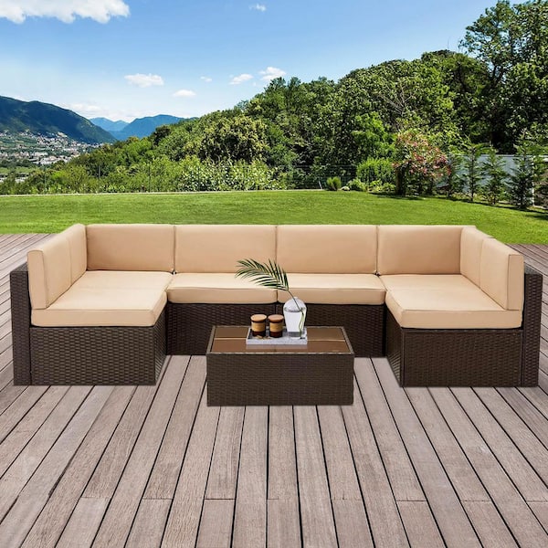 Unbranded 7-Piece Brown Wicker Outdoor Sofa Sectional Set Patio Seating Sets with Khaki Cushions