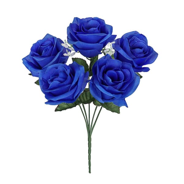 LIVING LUXURY 14 in. Royal Blue Artificial Open Rose Flower Stem Bush Bouquet (Set of 12)