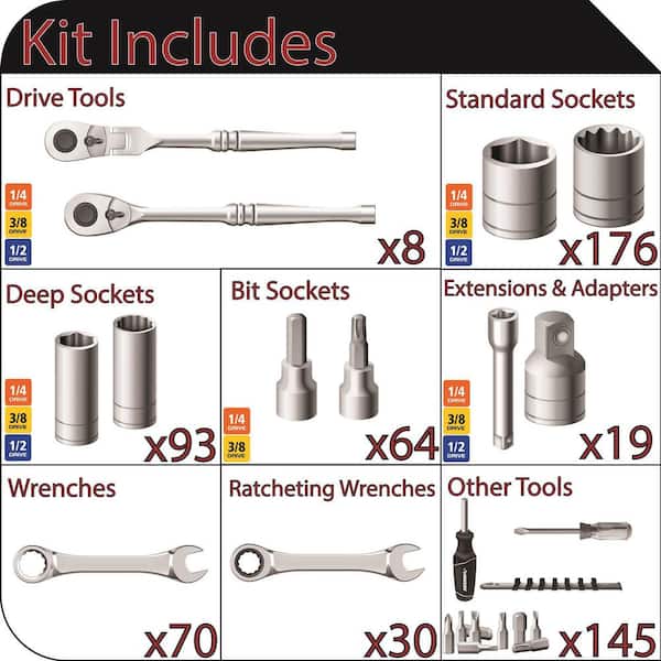 1/4 in., 3/8 in., and 1/2 in. Drive Master Mechanics Tool Set (605-Piece)