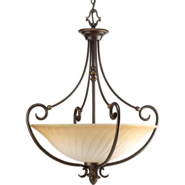 Progress Lighting Kensington Collection 3-Light Forged Bronze Foyer Pendant with Frosted Caramel Swirl Glass