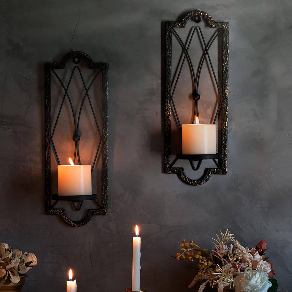 Set of 2 Rustic Black and Gold Metal Wall Candle Sconces