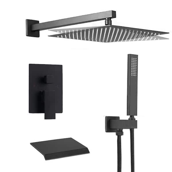 Waterfall Single Handle 3-Spray 10" Rain Shower Faucet 2.5 GPM Shower System with Bathtub and Handheld in Matte Black