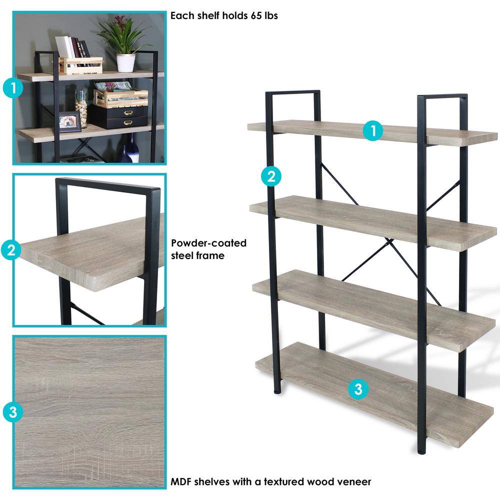 Oak Gray 4-Tier Adjustable Industrial Bookshelf with Steel Frame