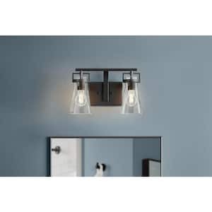 Clermont 14.75 in. 2-Light Matte Black Bathroom Vanity Light with Seeded Glass Shades