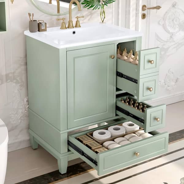 24 in. Freestanding Green Solid Wood Bath Vanity with White
