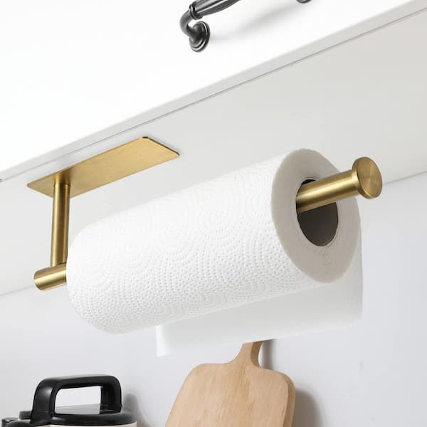 Wall Mounted Gold Stainless Steel Paper Towel Holder Vertical or Horizontal Adhesive Kitchen Bath Rack 1-Piece