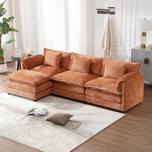 112 in. Square Arm 4-Piece L Shaped Chenille Modern Sectional Sofa in Orange with Moveable Ottoman