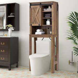 Toilet Storage Rack with Sliding Barn Door and Adjustable Shelves, Rustic Brown