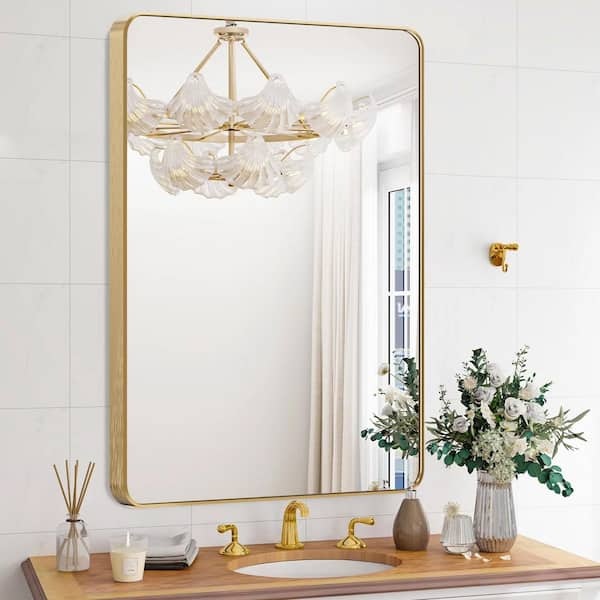 Sxiawe 30 in. W x 40 in. H Modern Rectangular Aluminum Alloy Gold Rounded Corner Wall Mirror/Decorative Mirror