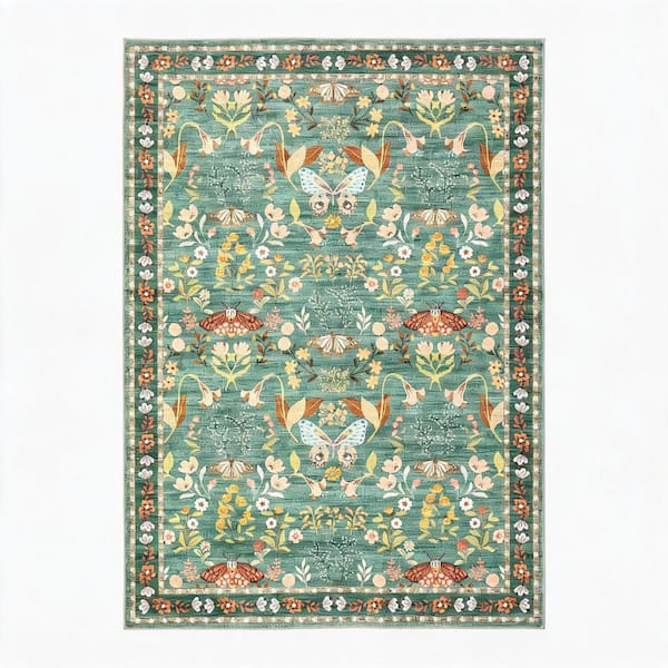 Light Green 9 ft. x 12 ft. Butterfly and Floral Washable Low Pile, Non-Slip Stain Resistant, Indoor,Living Room Area Rug
