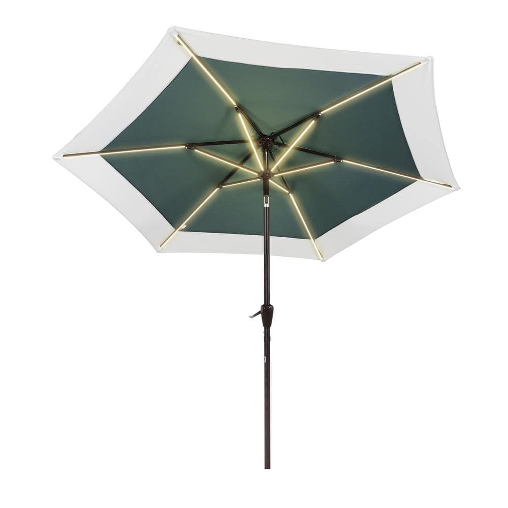 Spencer 9 ft. Green and White Aluminum Coastal Patio Umbrella with LED Lights