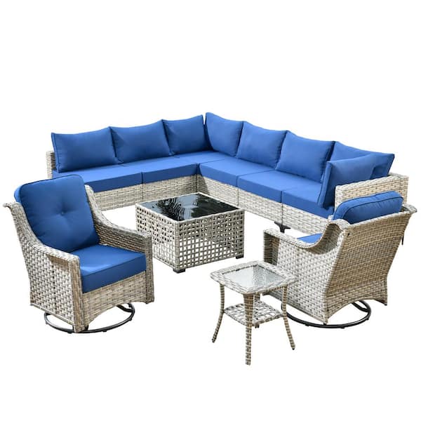 Holston 10-Piece Wicker Modern Outdoor Patio Conversation Sofa Sectional Set with Swivel Chairs and Navy Blue Cushions