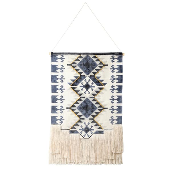Unbranded Woven 19.5 in. x 38 in. Navy Blue / Yellow / White Southwestern Boho Macrame Fringe Wall Hanging