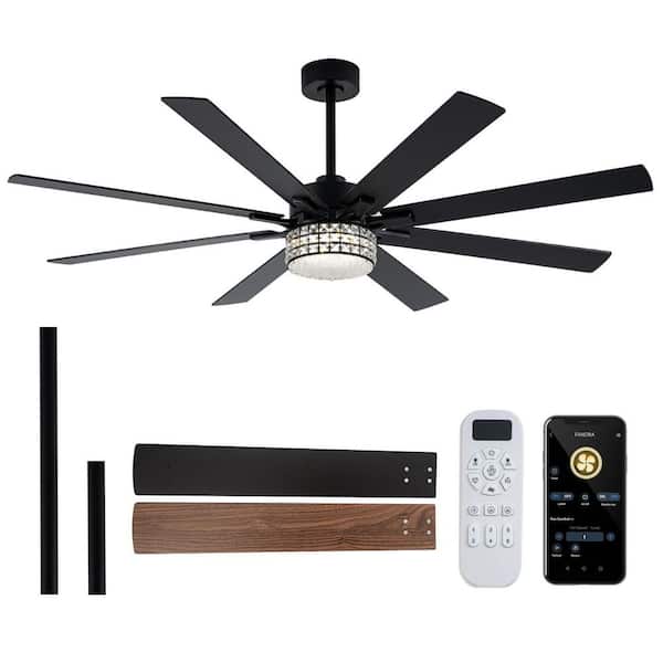 65 in. 8-Blade Black Low Profile Downrod Crystal Standard Ceiling Fan with Integrated LED, Two-Toned Blades