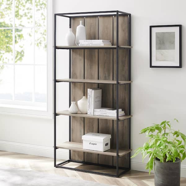 Walker Edison Furniture Company 64 in. Slate Gray/Black Metal 4-shelf Etagere Bookcase with Storage