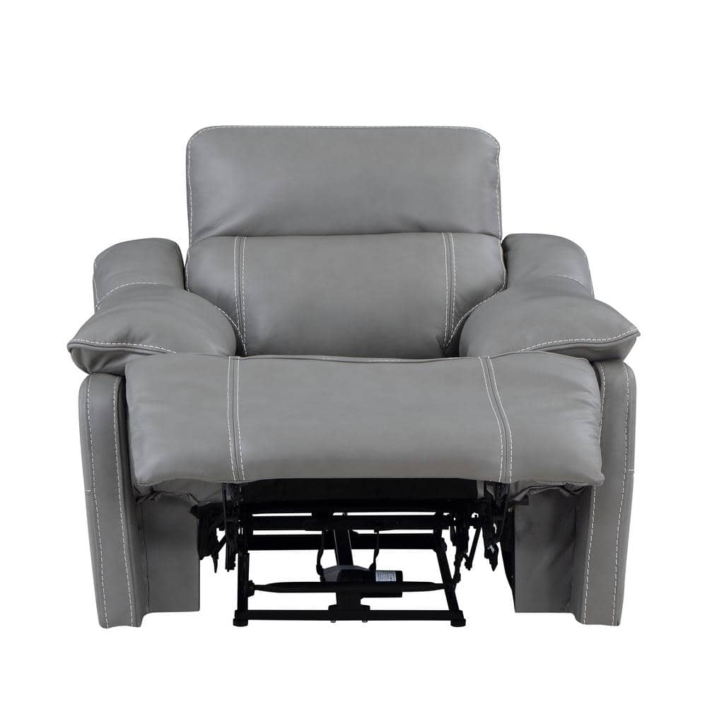 Gray Leather Power Recliner with Wood Accents