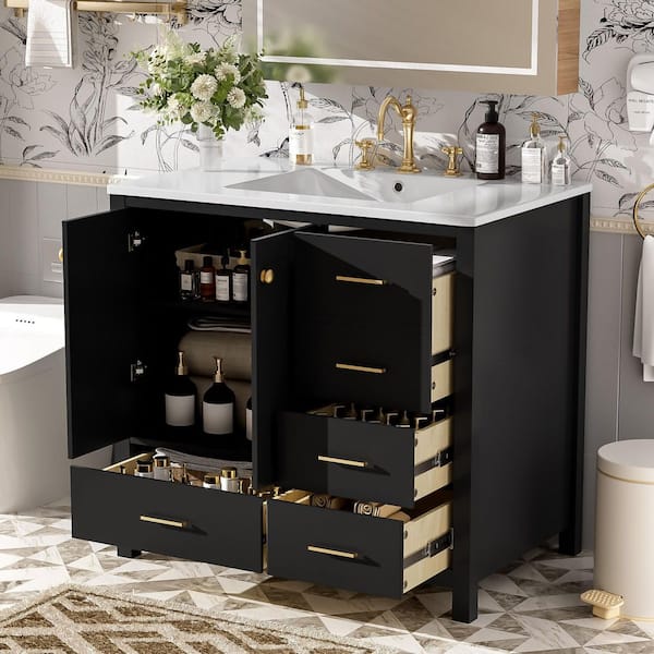 36 in. Single Sink Freestanding Black Bath Vanity with White Ceramic Top , 4 Drawers and 2 Shelves Cabinet Unassembled