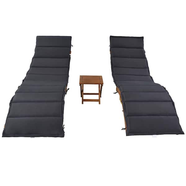 Zeus & Ruta Gray 3-Piece Wood Outdoor Chaise Lounge Set with FoldableTea Table and Gray Cushion for Balcony, Poolside, Garden